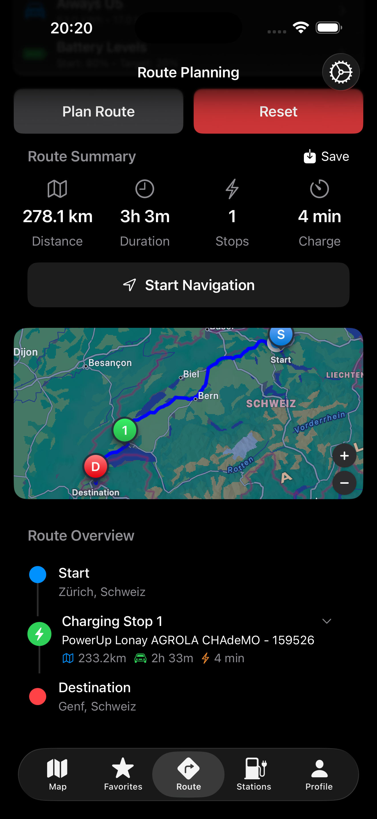Route mit Ladestopps